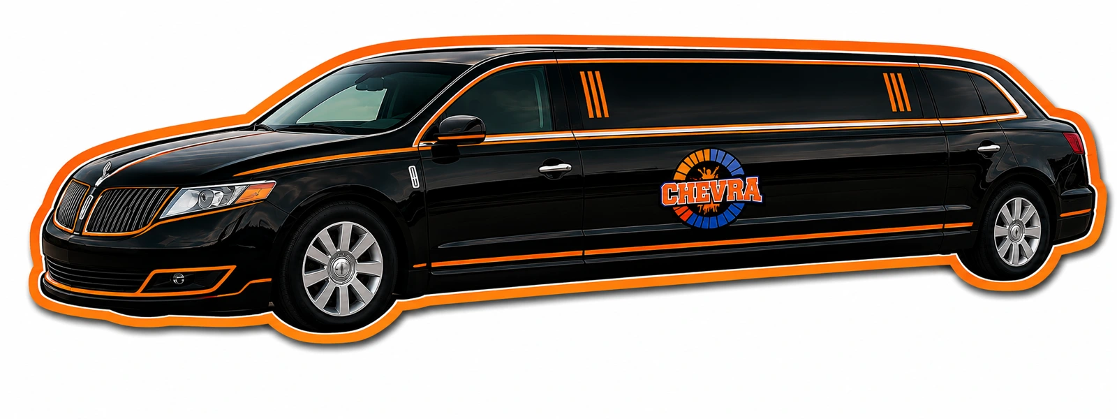 Camp Chevra’s black limousine promotional artwork with orange trim and camp branding